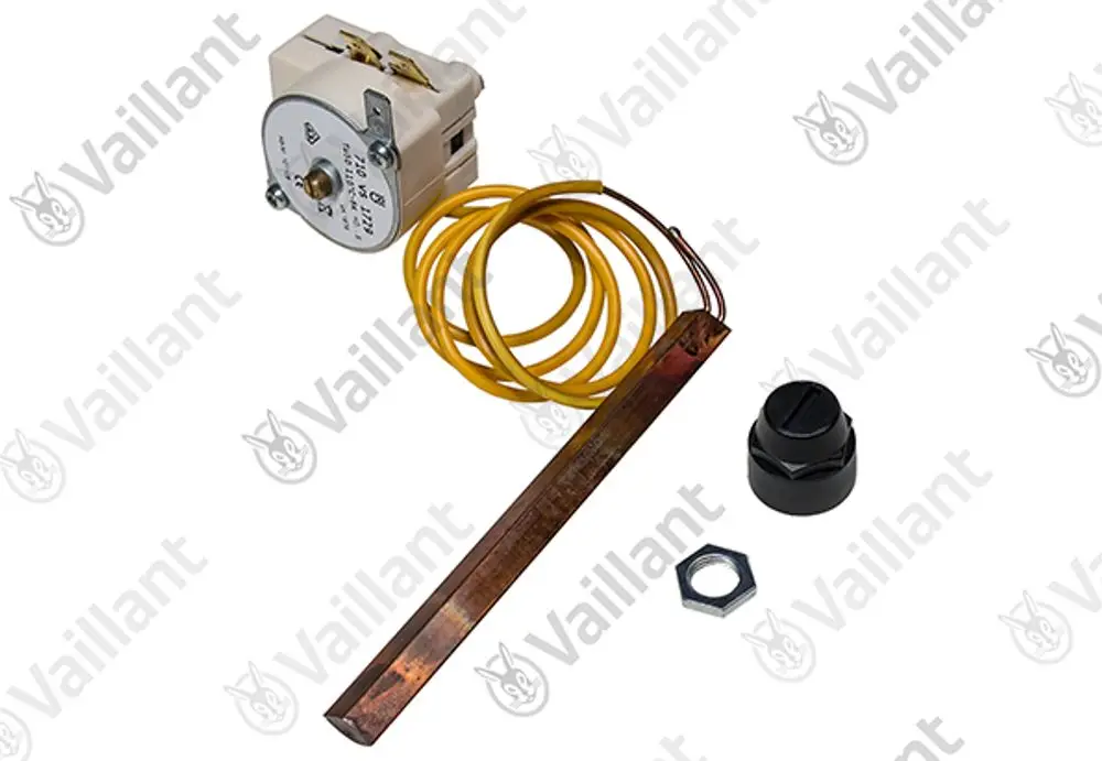 Vaillant Temperaturbegrenzer mit einem runden Gehäuse, gelben Drähten, einem Metallstab und einem schwarzen Einstellknopf neben einer Metallmutter.